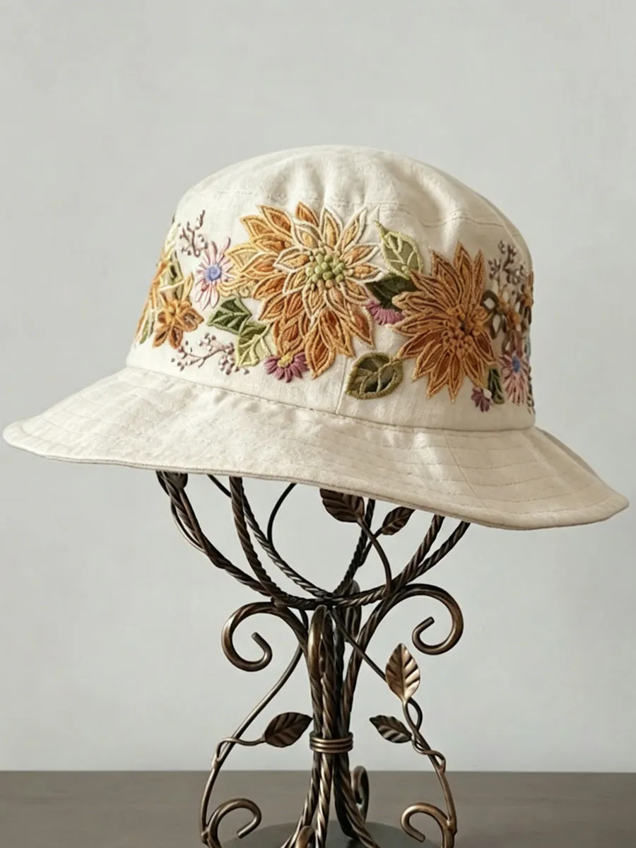 Floral Embroidery Print Vintage Fisherman Hat