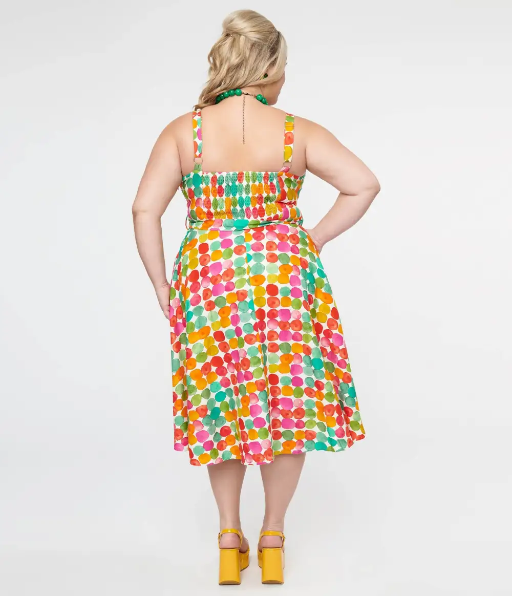 Plus Size 1950s Rainbow Watercolor Polka Dot Lori Swing Dress