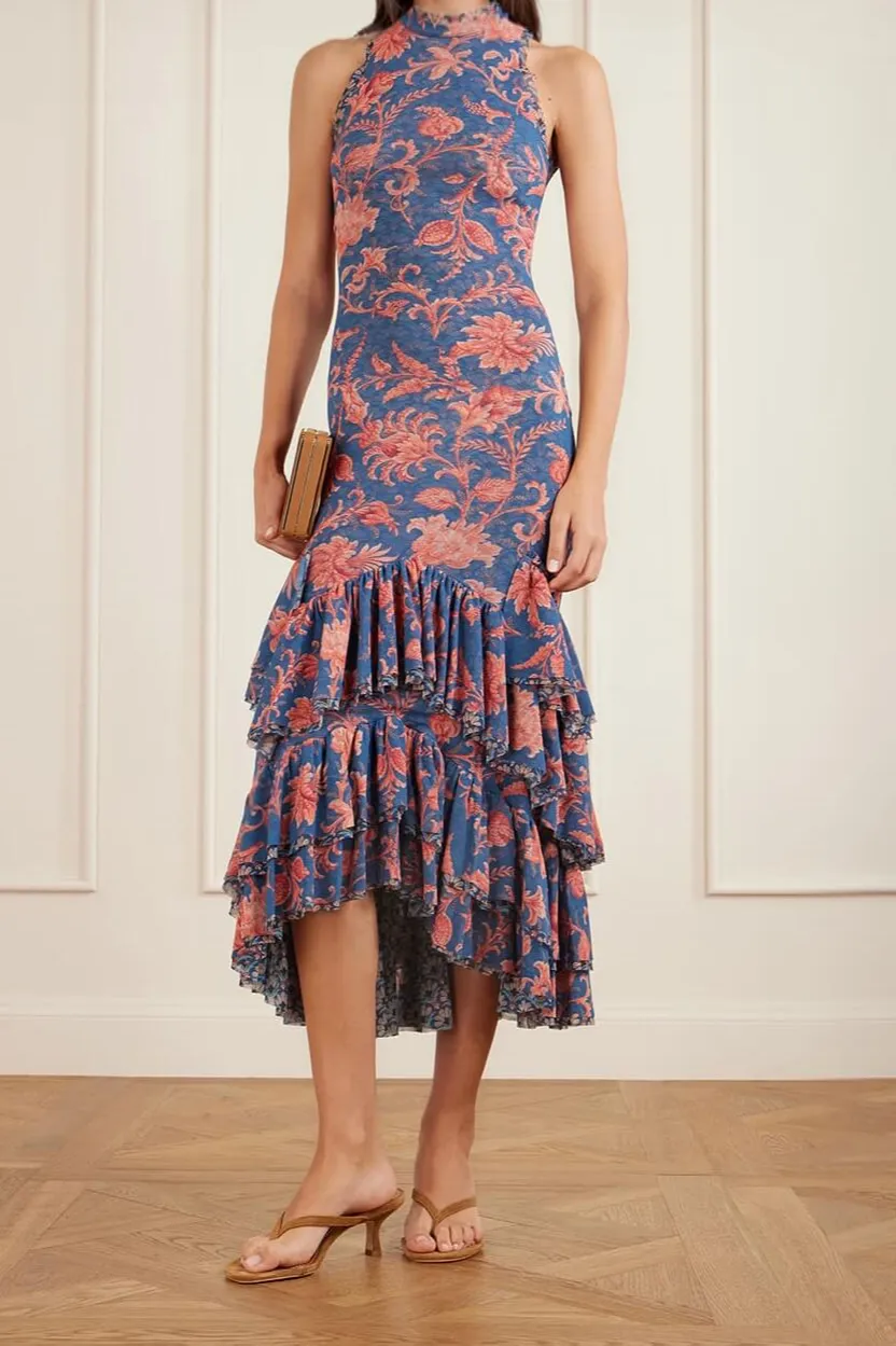 Fashionable Ruffled Paisley Print Tulle Midi Dress