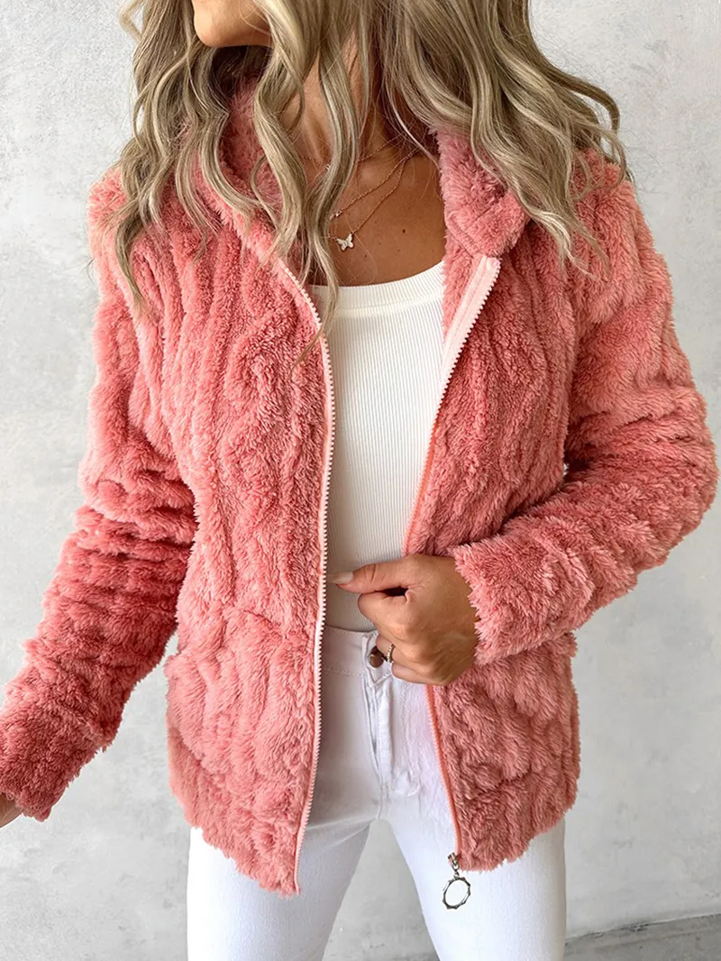 casual solid color plush hooded jacket