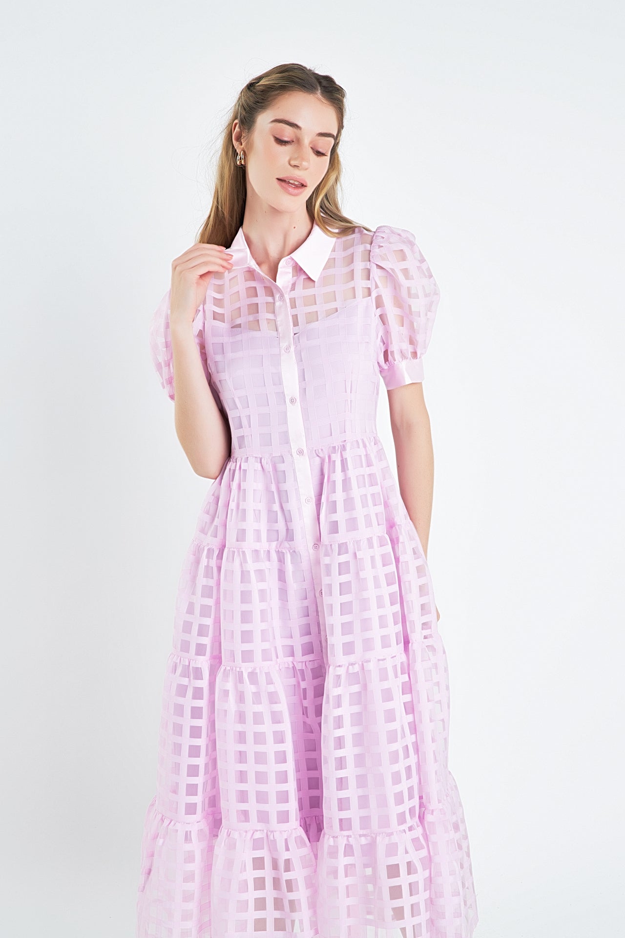 Gridded Organza Tiered Maxi Dress