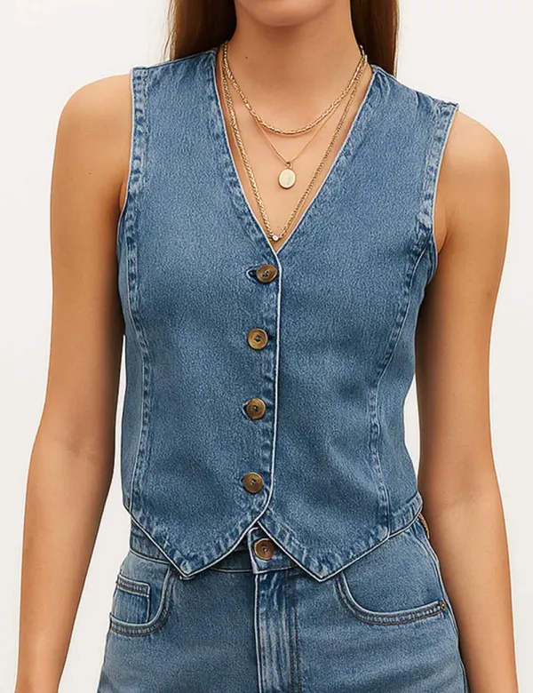 Denim Solid V Neck Sleeveless Daily Vest