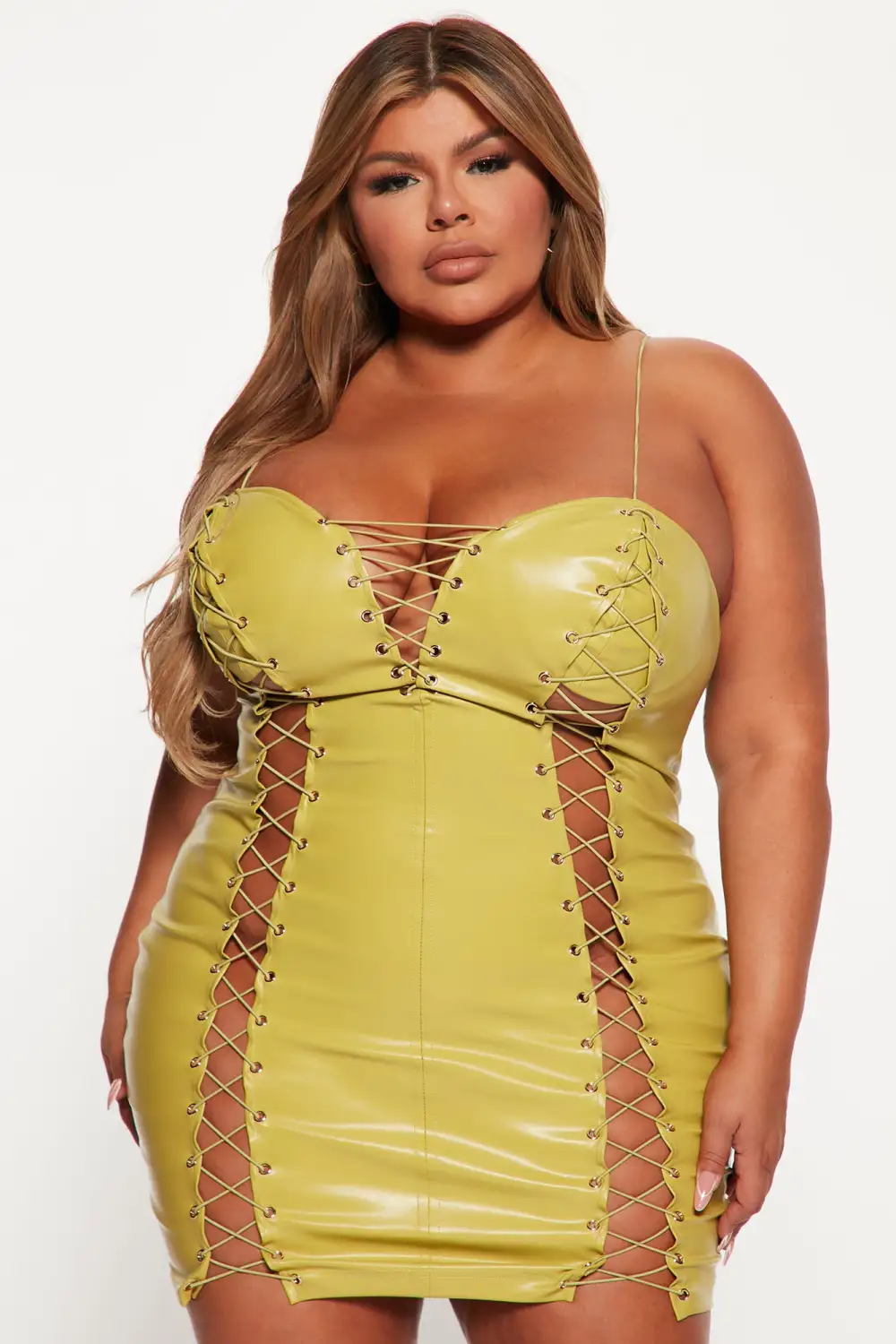 City Escape Faux Leather Dress - Chartreuse