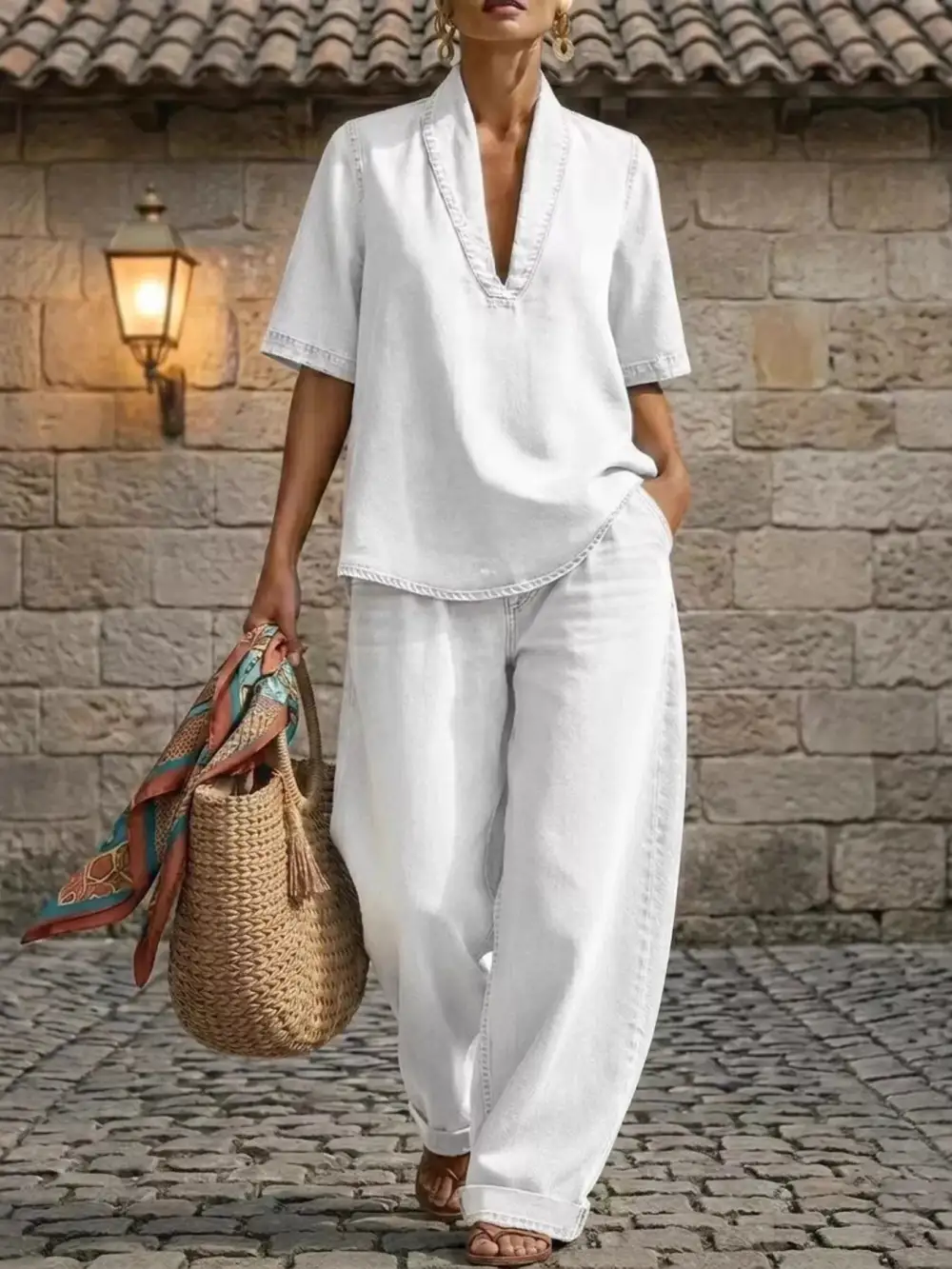 Half Sleeve Top and Wide Leg Pants Set