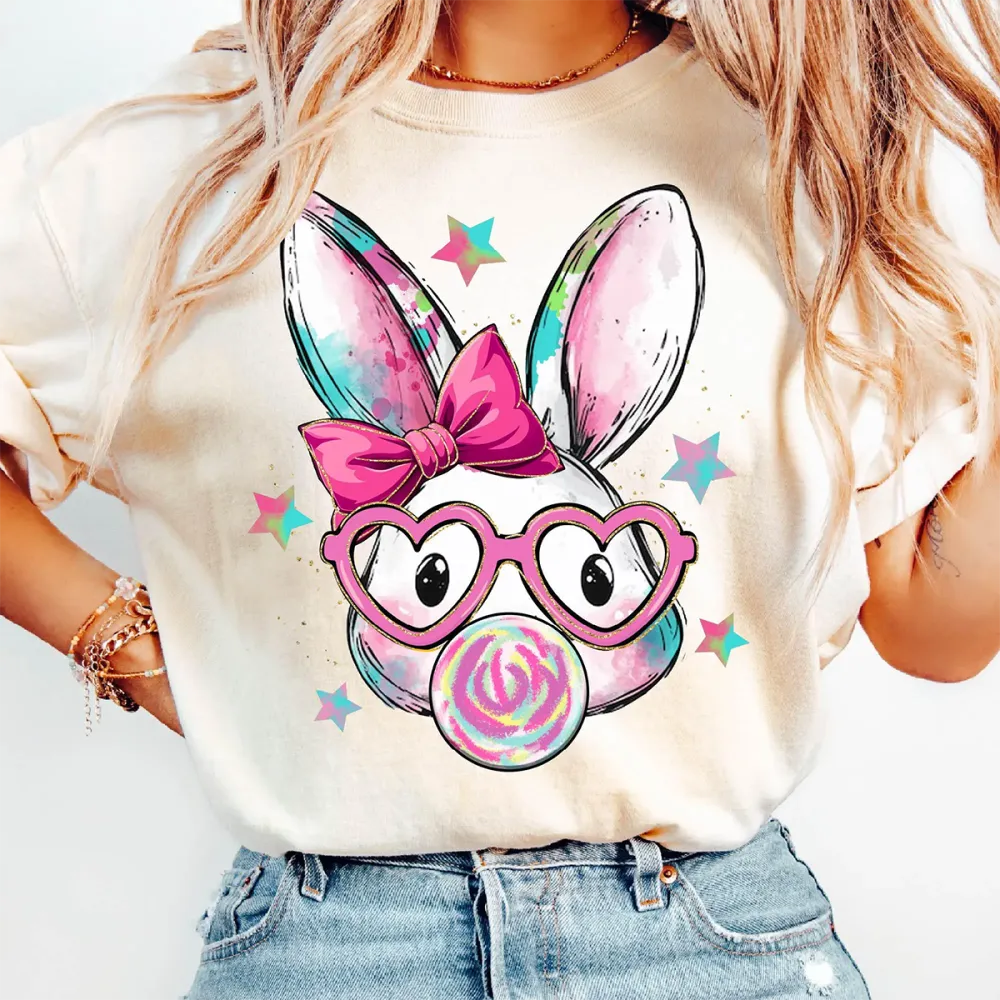 Colorful Love Bow Bunny Blowing Bubbles Printed Round Neck Short Sleeve T-Shirt