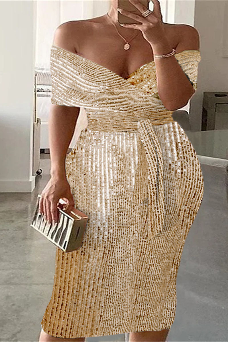 Women‘s Plus Size Formal Elegant Sequin Off The Shoulder Midi Dresses