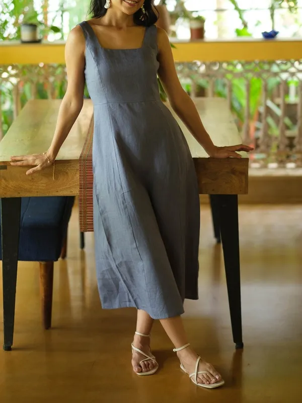 Wildflower Blue Linen Square-Neck Midi Dress