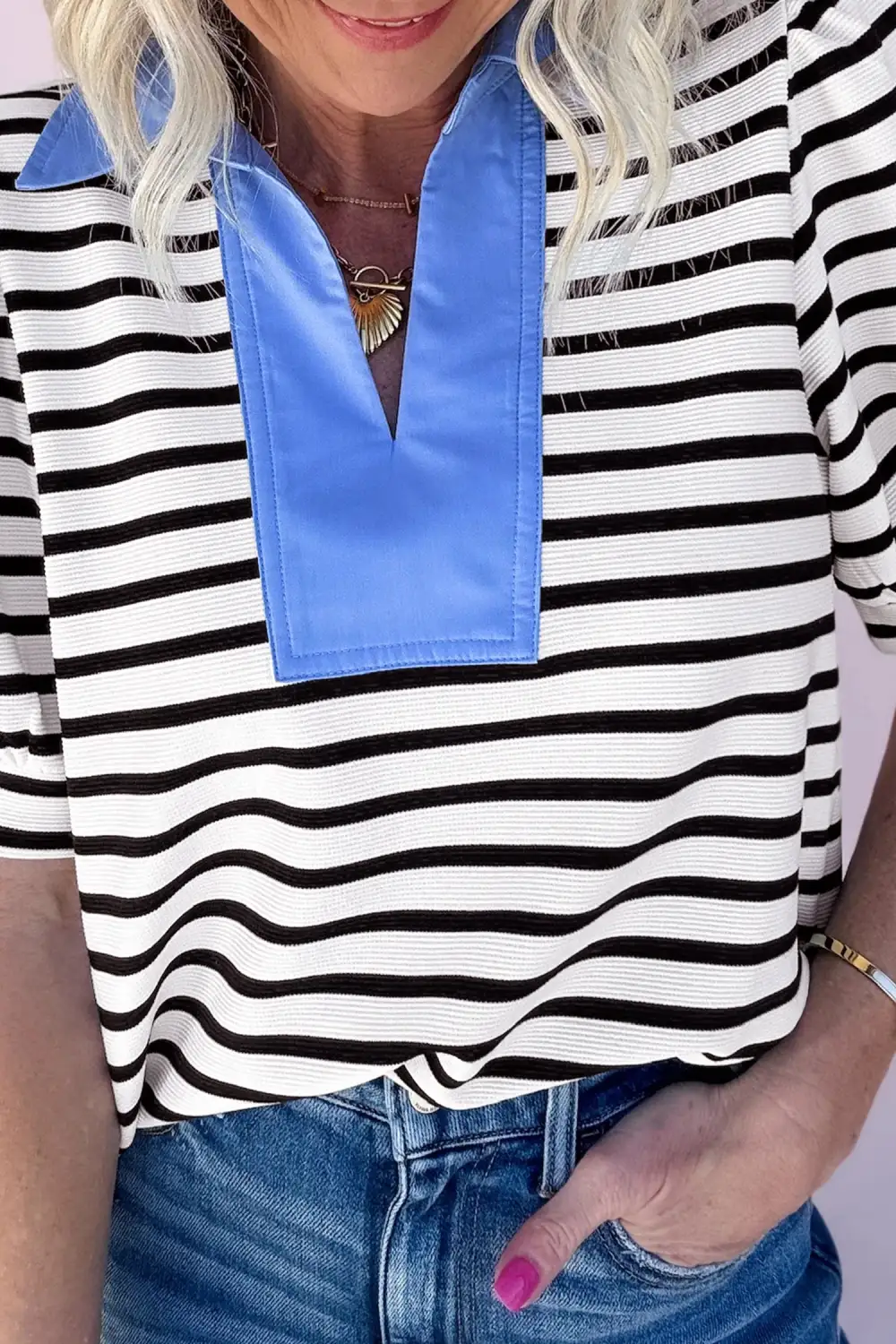 Black Stripe Short Puff Sleeve Color Block Polo Collar Blouse