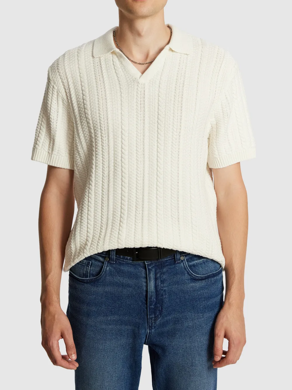 Off White Short Sleeve Cable Knit Polo Shirt
