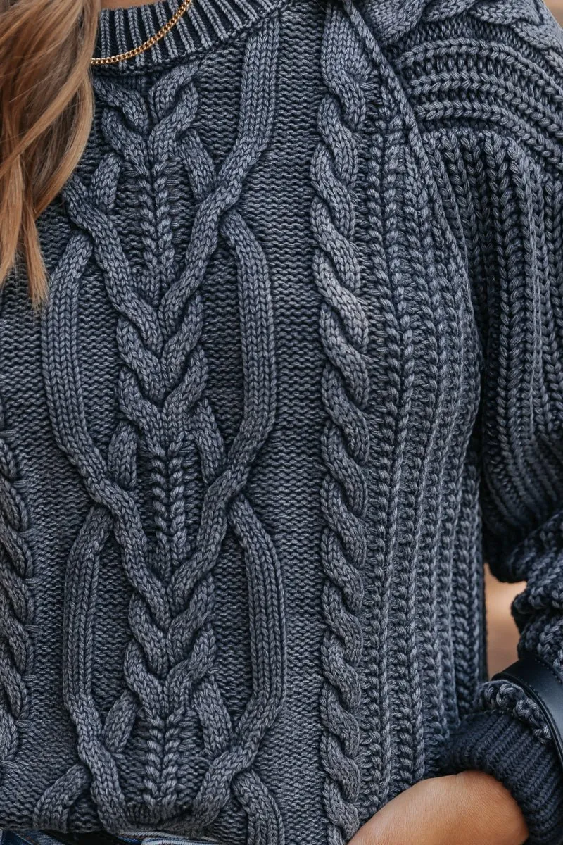 Free People Frankie Cable Knit Sweater - Charcoal