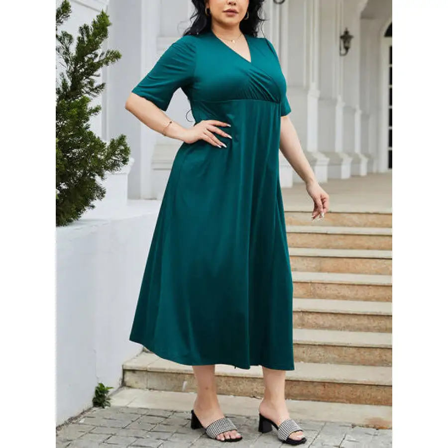 Plus Size Slit Surplice Short Sleeve Midi Dress