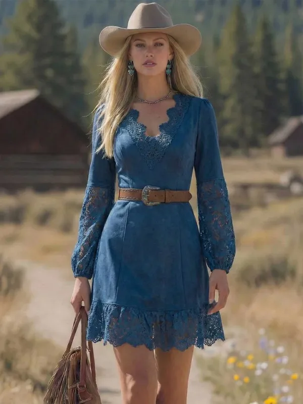 Women's Vintage Western-Style V-Neck Lace-Paneled Dress (Belt Not Included)