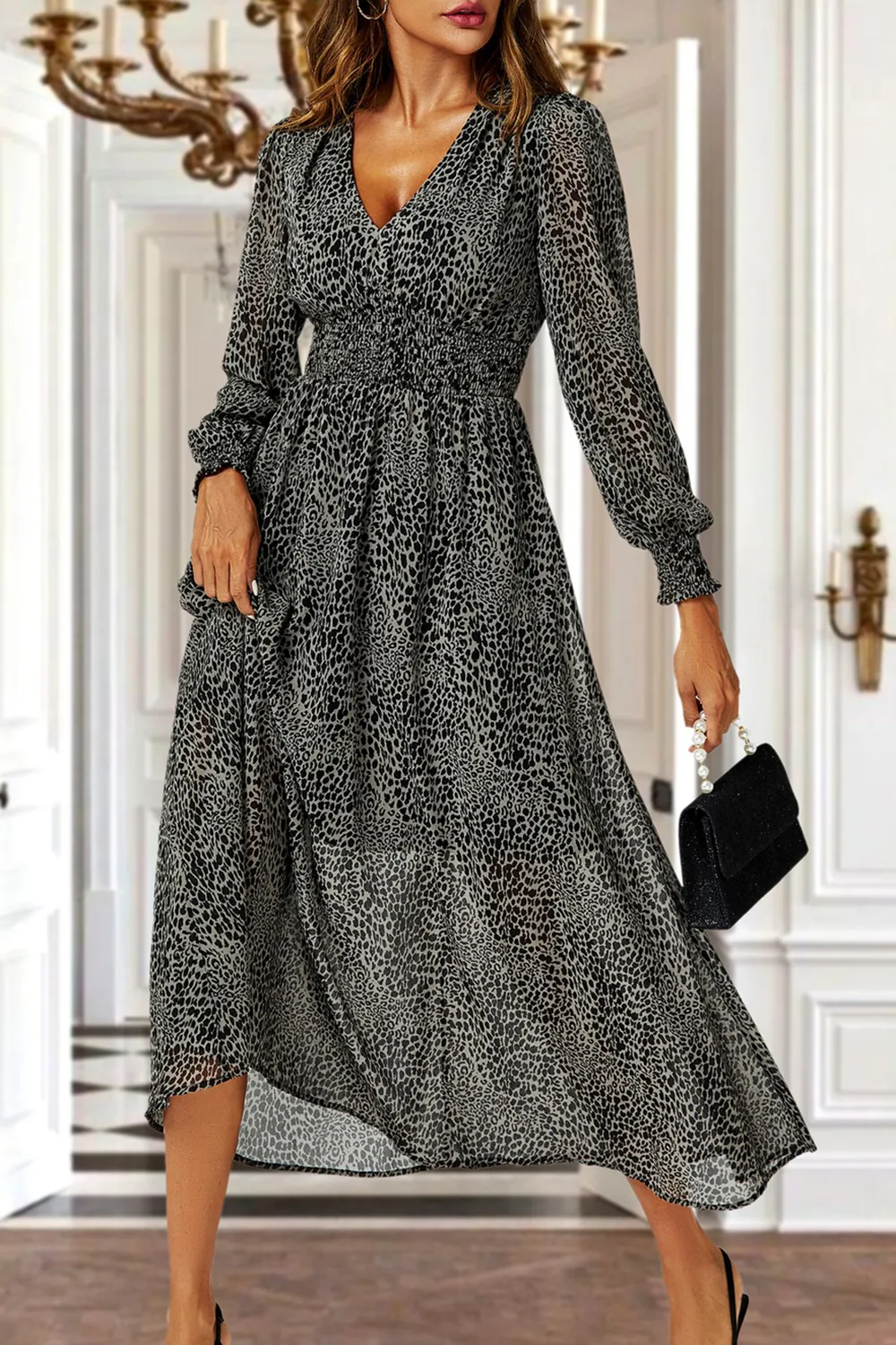 Women's Leopard Print V-Neck Dress