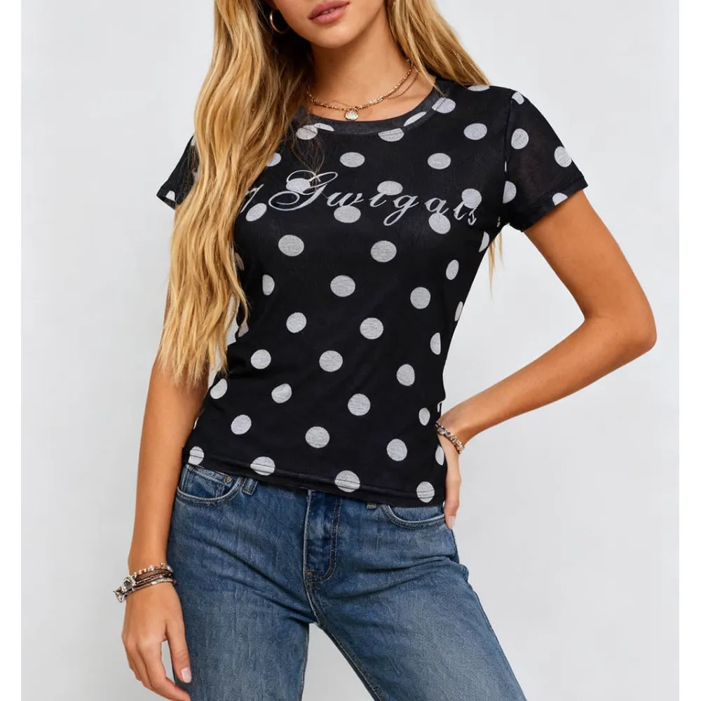 Chic Polka Dot Round Neck Short Sleeves Top