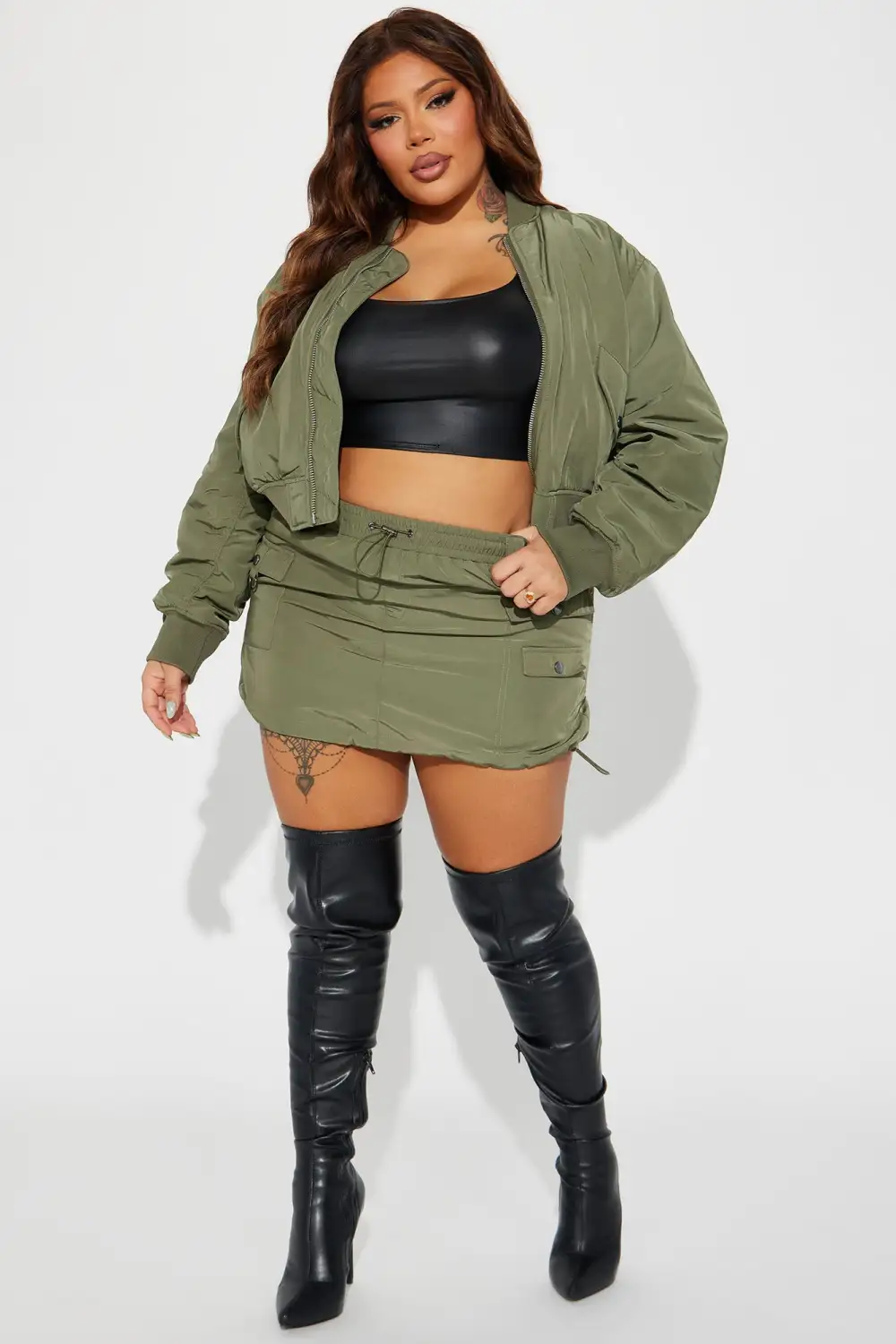 Got To Get Away Bomber Skirt Set - Olive