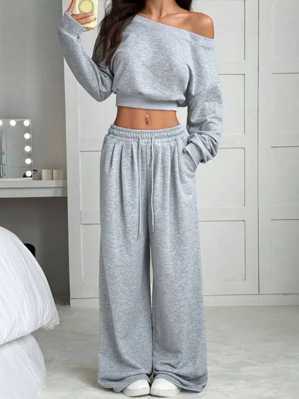 Women's Casual Long Sleeve Sweatshirt & Wide Leg Drawstring Pants