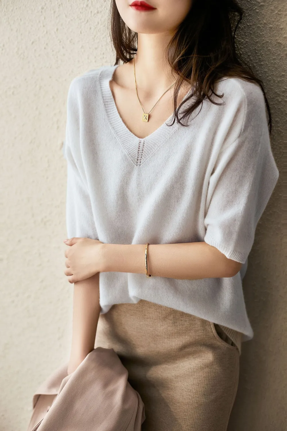 Loose Solid Color Half Sleeve Knitted Sweater