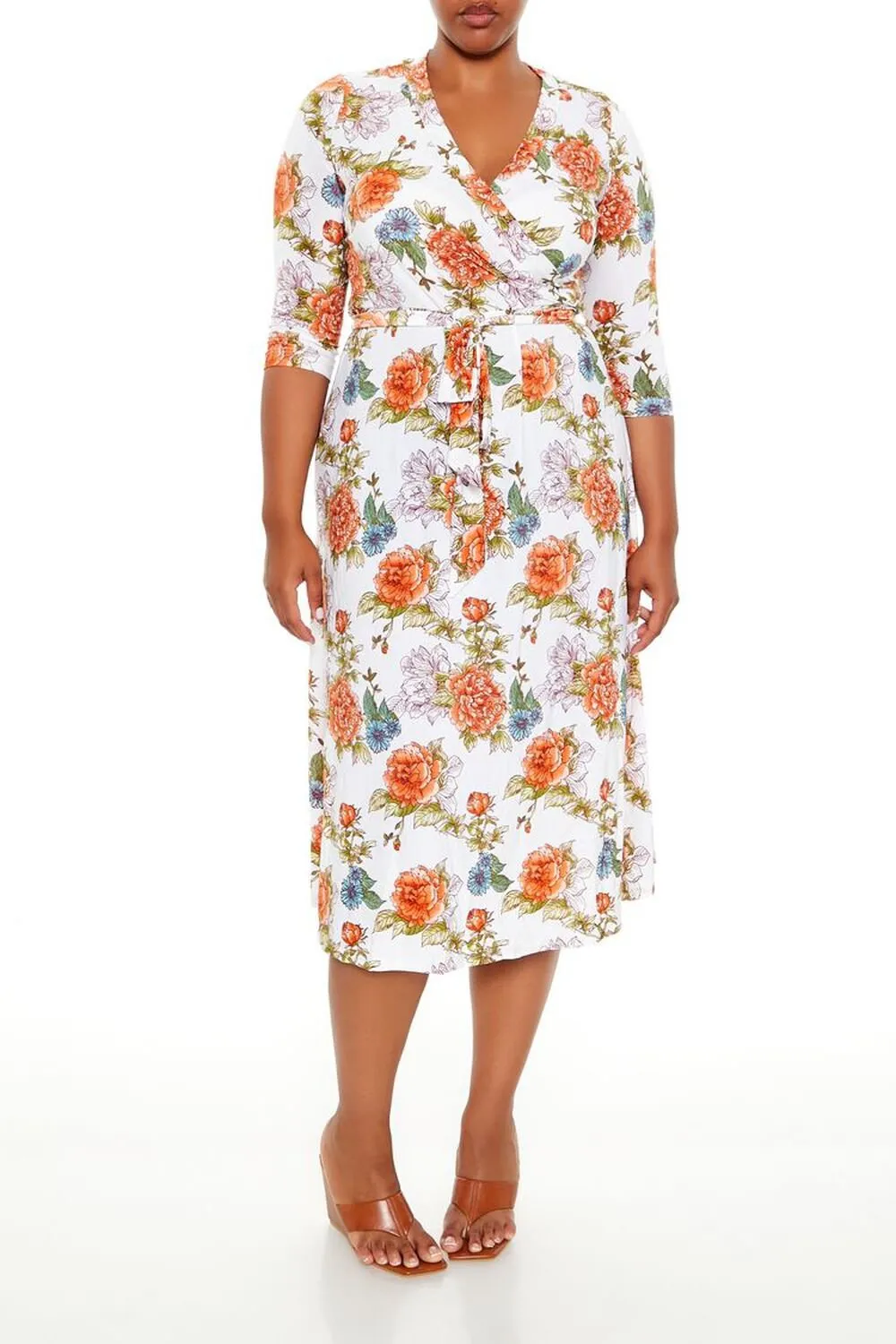 Plus Size Floral Wrap Midi Dress
