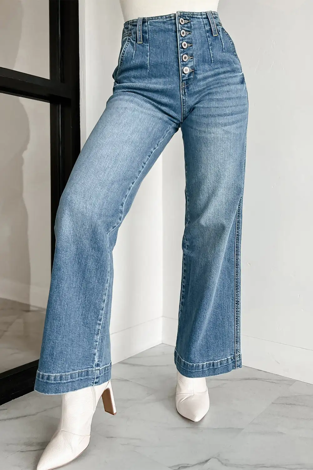 Multi Buttons Wash Straight Loose Leg Jeans
