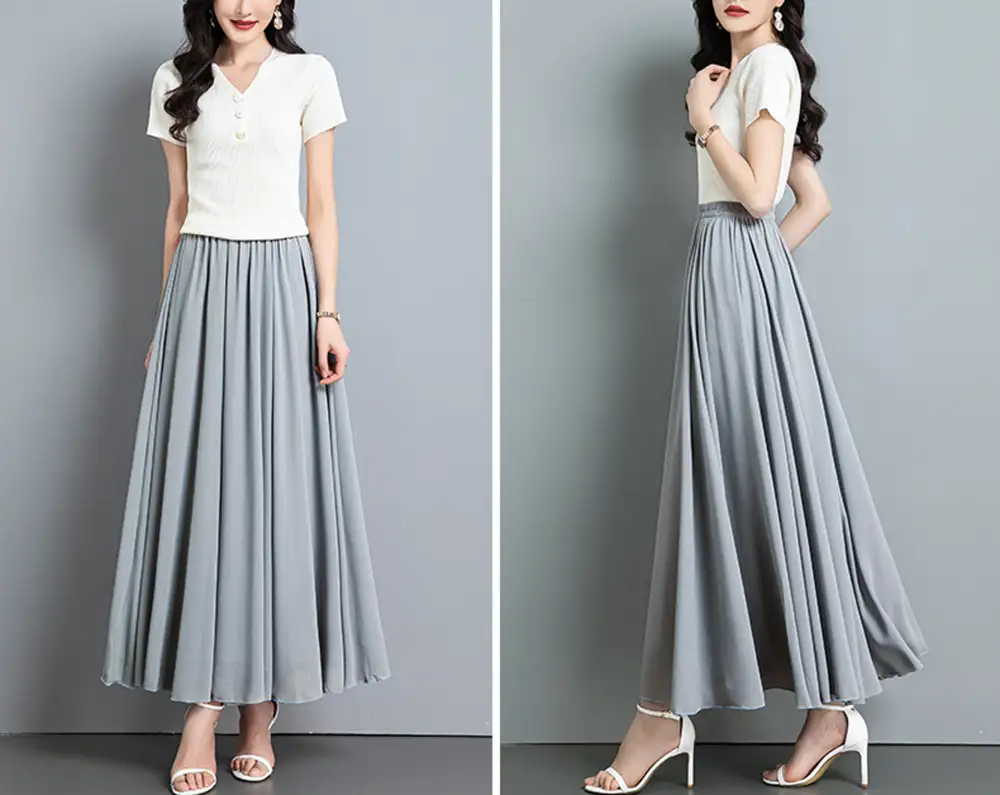Flowy Elastic Waist Chiffon A Line Maxi Skirt
