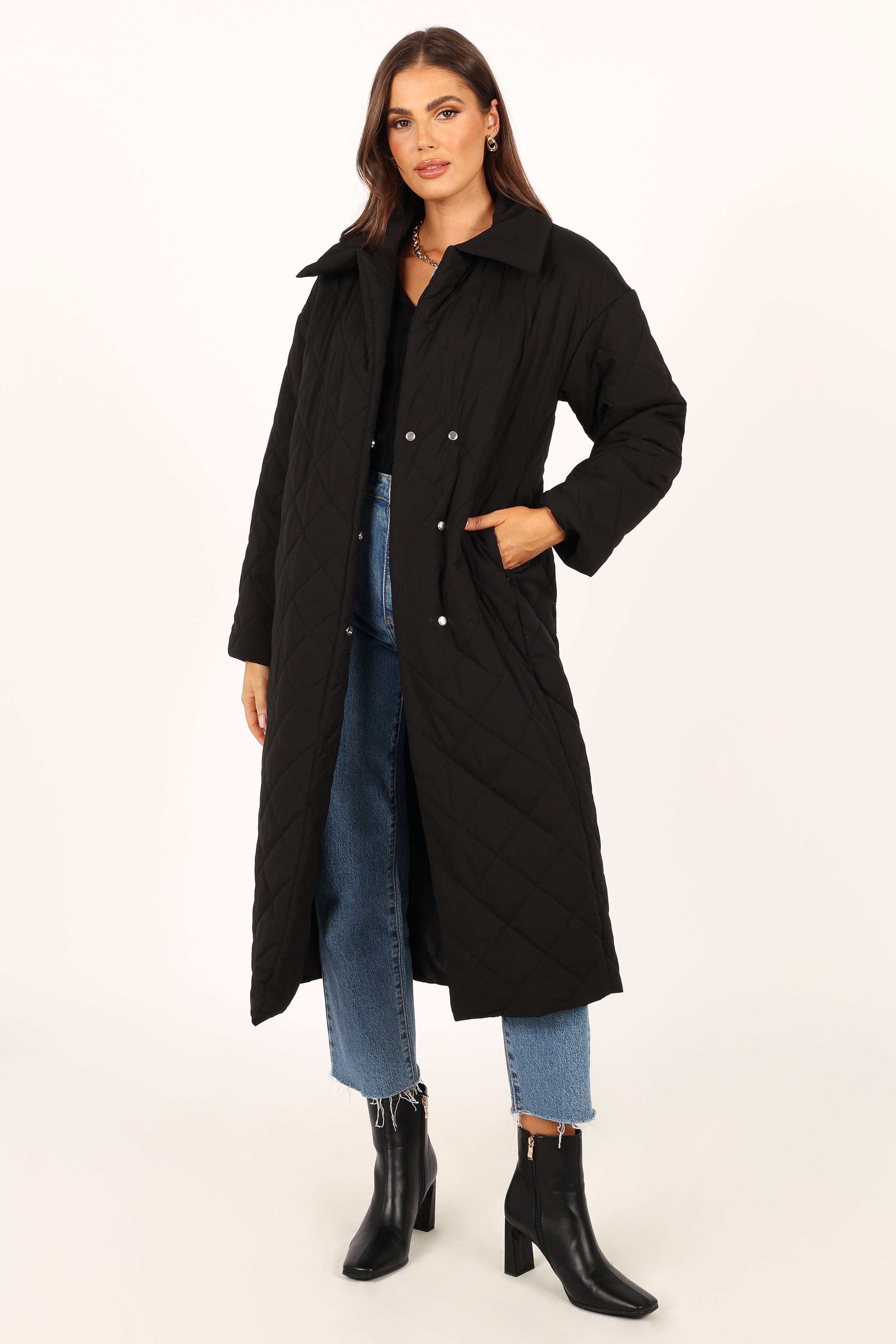 Kallie Quilted Tie Front Coat - Black