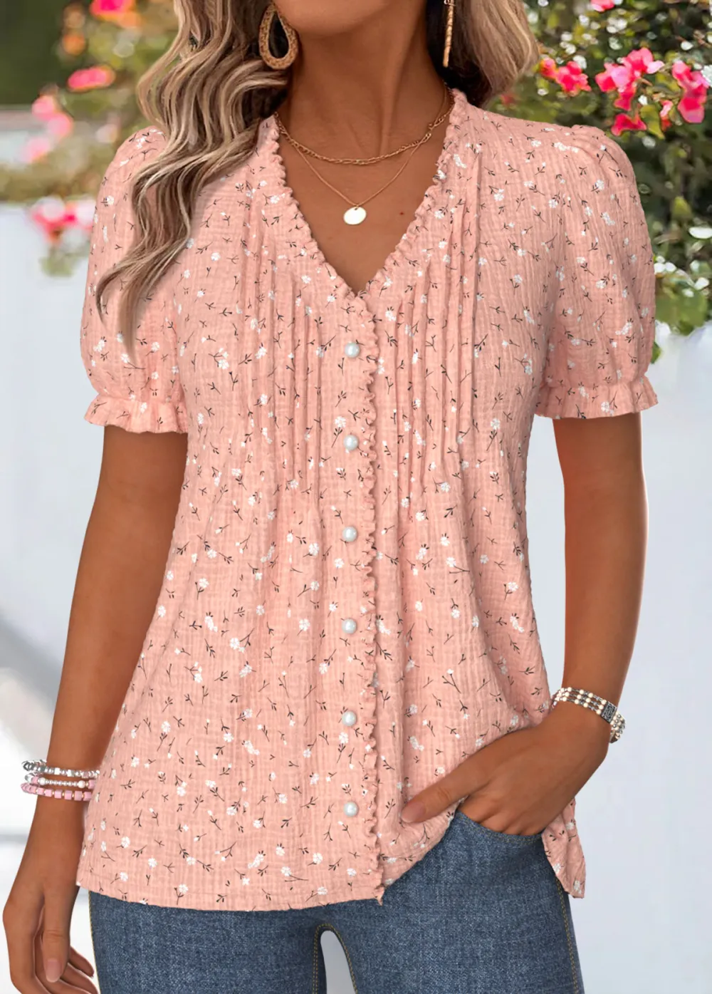 Red Geometric Print Frill Short Sleeve T Shirt