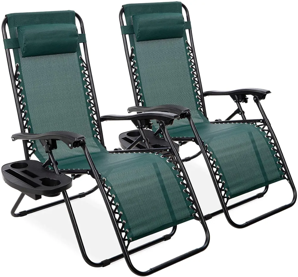 Set of 2 Adjustable Steel Mesh Zero Gravity Lounge Chair Recliners w/Pillows and Cup Holder Trays