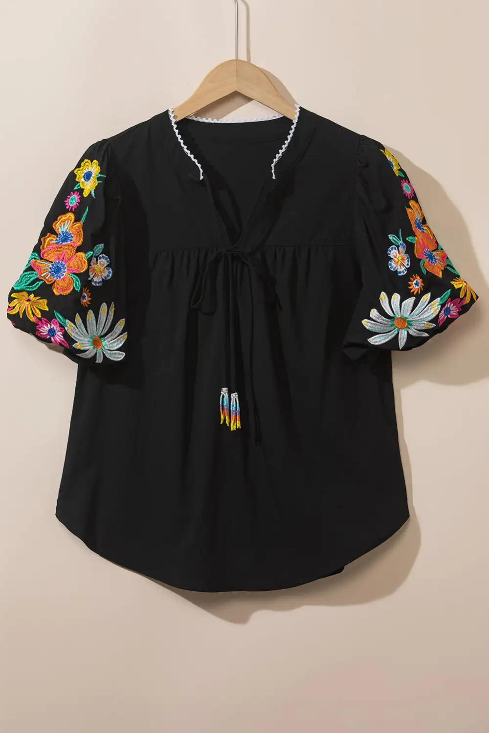 Softly Styled Floral Embroidered Puff Sleeve Blouse