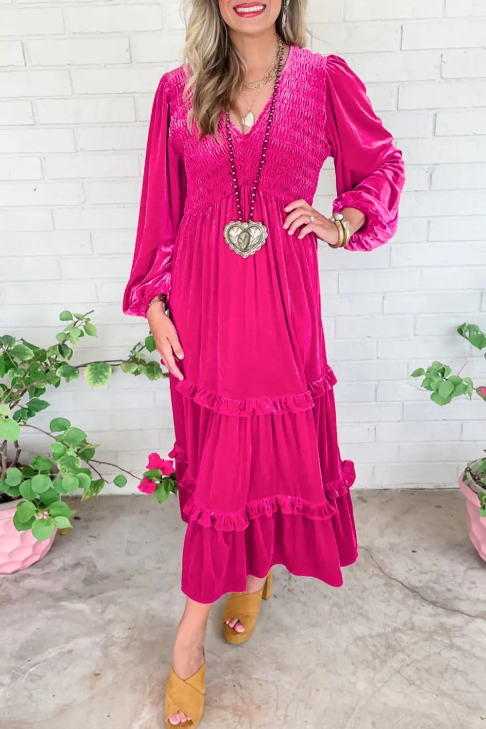 Rose Red Shirred V-Neck Long Sleeve Velvet Dress