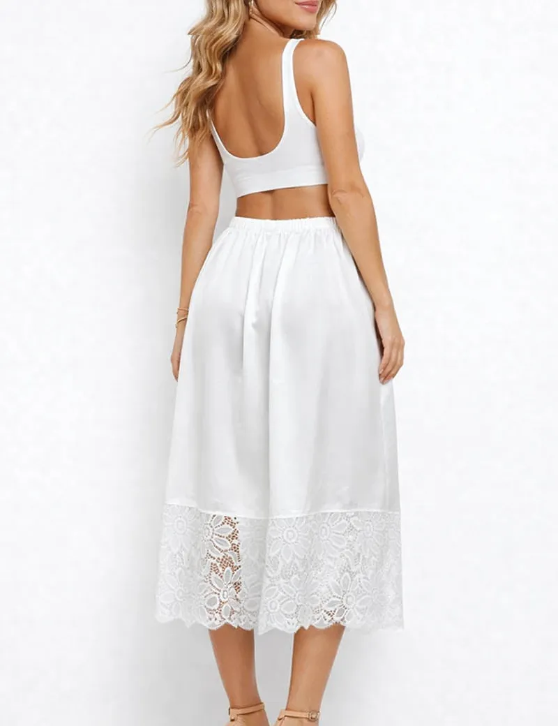Boho Lace Hem Drawstring Waist Wide Leg Shorts