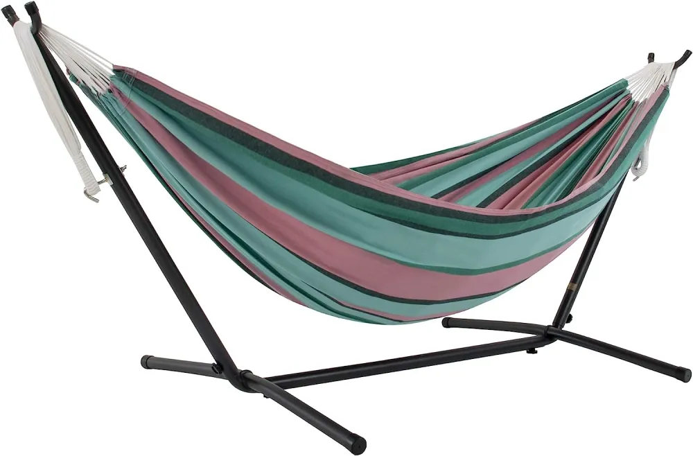 Double Cotton Hammock with Space Saving Steel Stand, Tropical (450 lb Capacity - Premium Carry Bag Included)