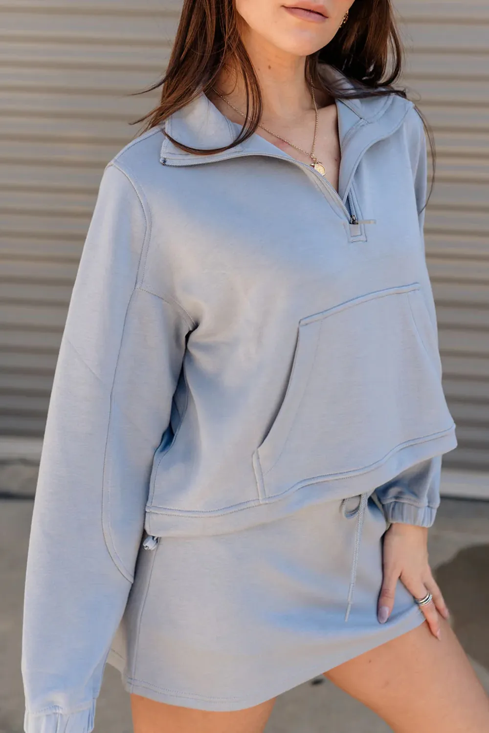 Pocketed Lapel Cropped Sweatshirt