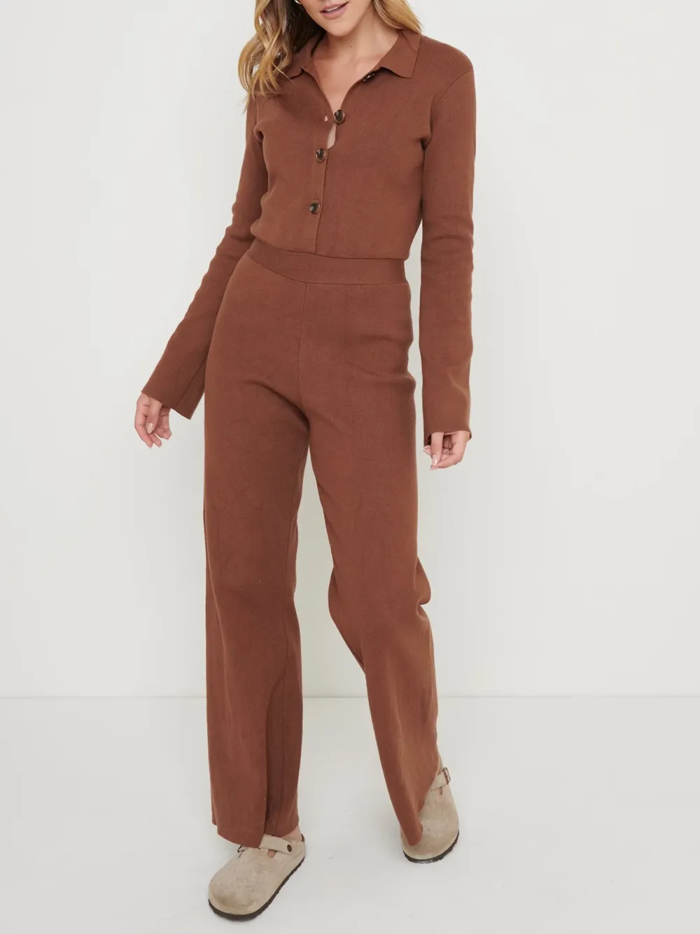 Wide Leg Knit Jumpsuit- Beige Marl