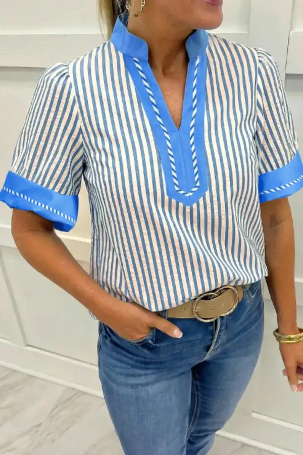 Stripe Contrast Blocked Detail V Neck Short Sleeve Blouse
