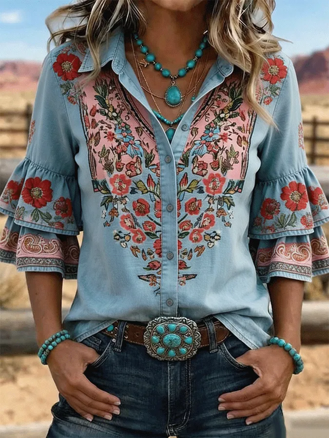 Western Floral Embroidered Double Ruffle Sleeve Denim Shirt