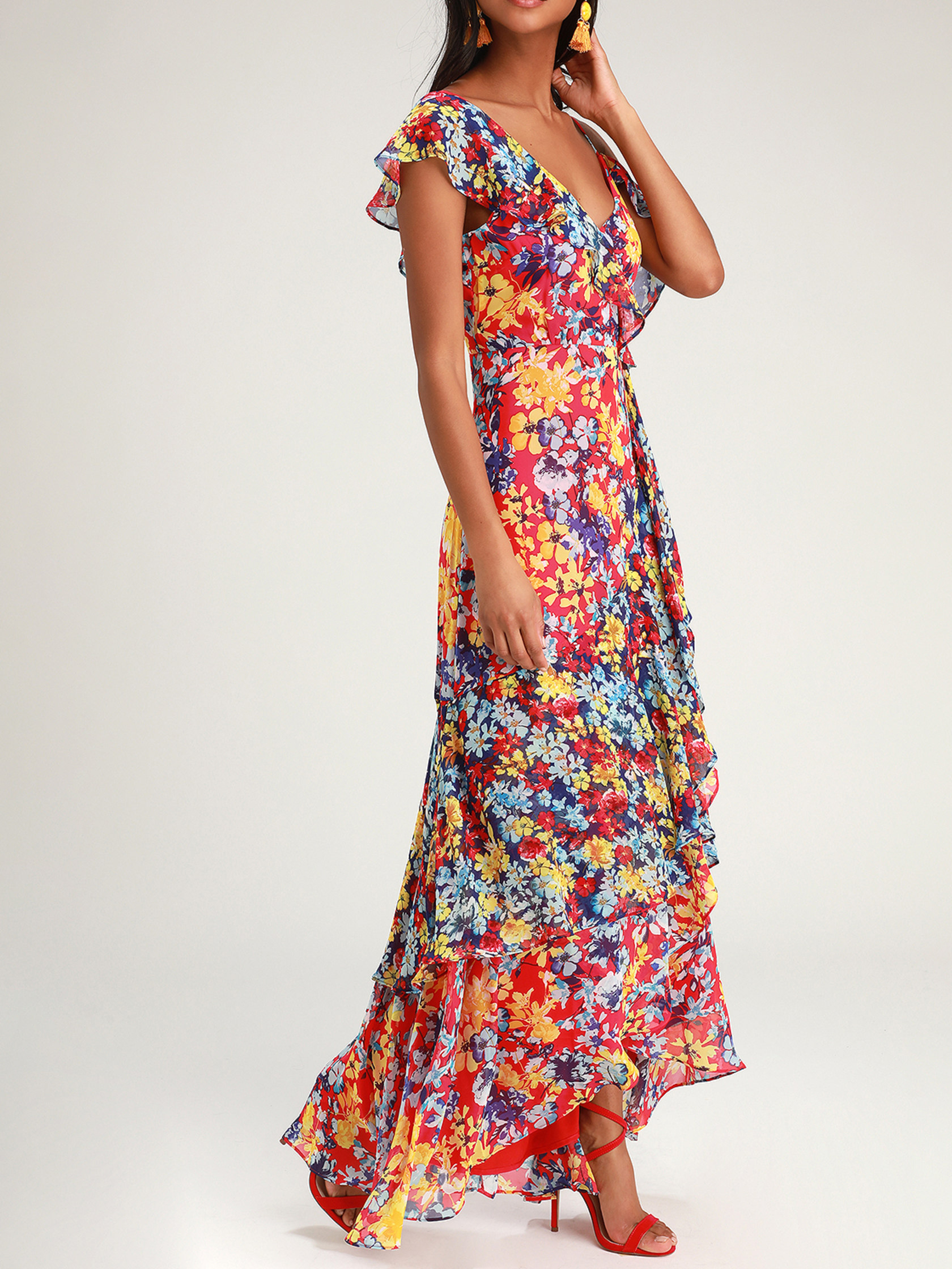 Radiant Ruby Red Floral Print Chiffon Maxi Dress