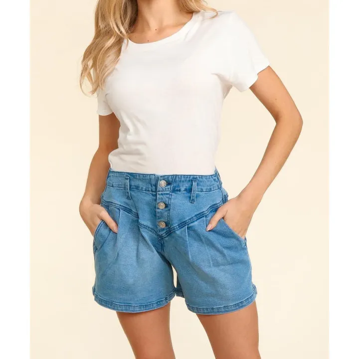 High Rise Button Fly Washed Denim Shorts