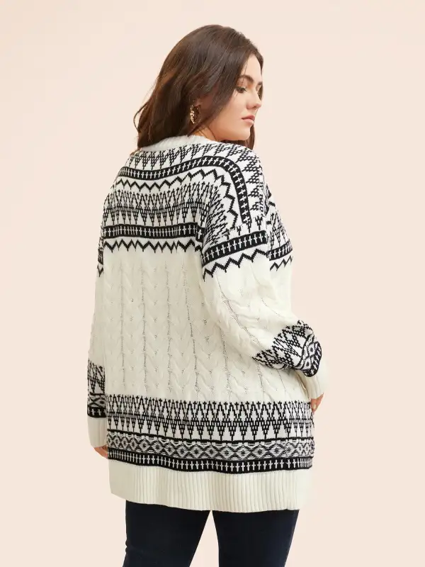 Bandana Jacquard Cable Knit Pocket Cardigan