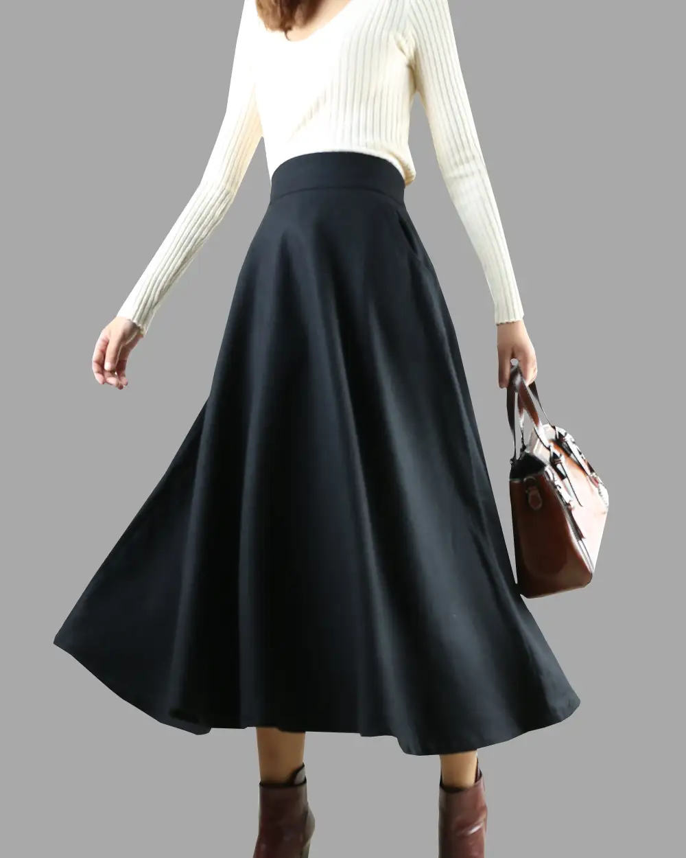 Casual Pleated Wool A Line Maxi Skirt