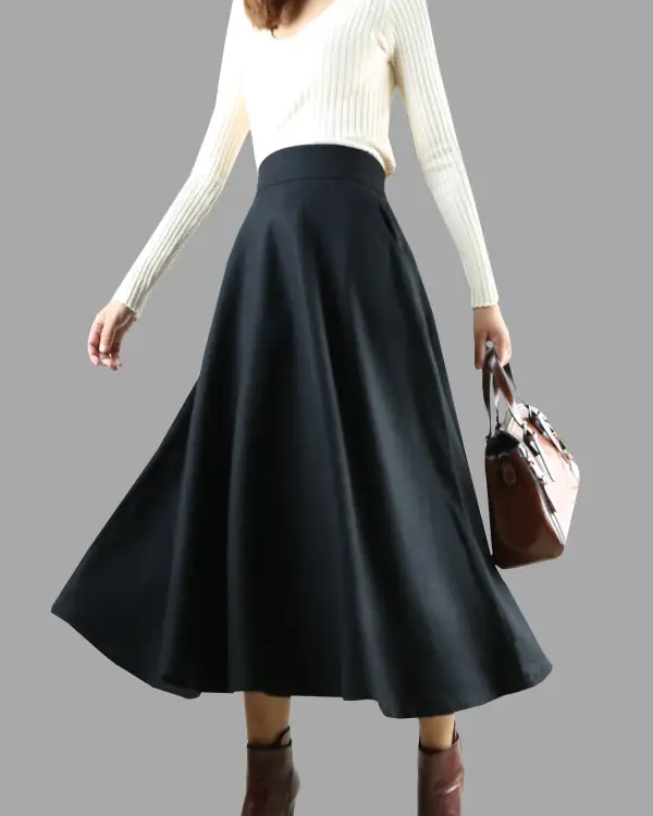 Casual Pleated Wool A Line Maxi Skirt