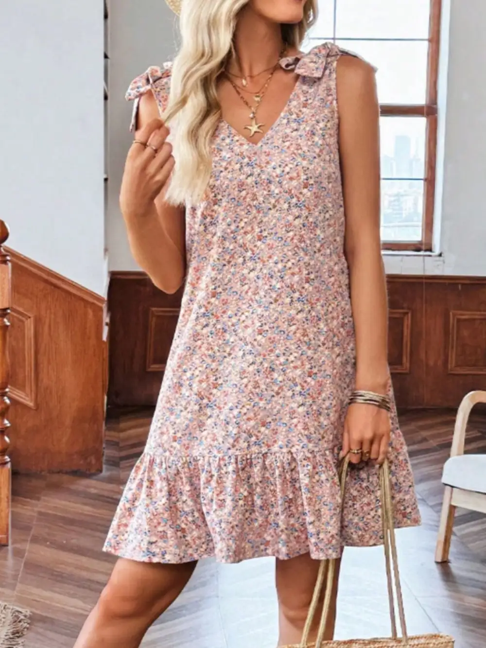 Textured Detail Floral Printed Ruffle Mini Dress