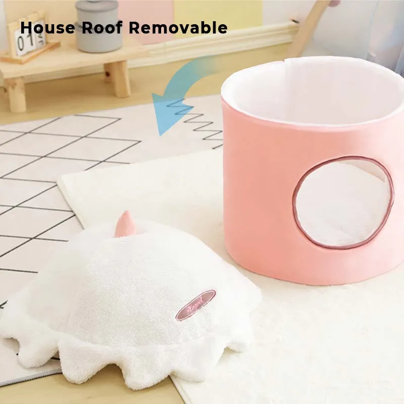 Pink Ice Cream & Rabbit Semi-Enclosed Cat Cave Bed