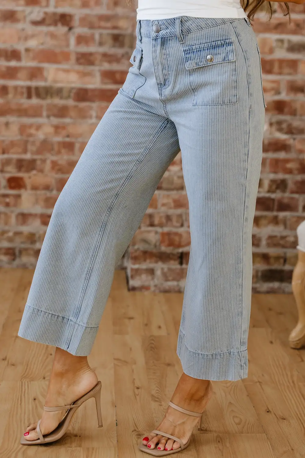 Stripe Button Flap Pocket Cuffed Hem Wide Leg Jeans