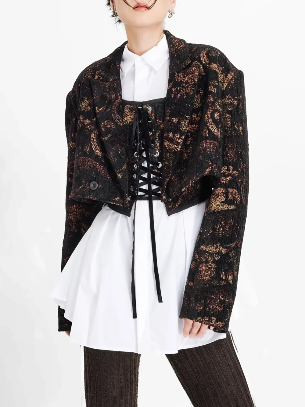 Patterned Lace - Up Cropped Cardigan
