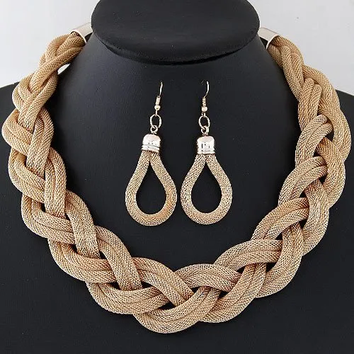 Handwoven Twist Metal Thick Chain Vintage Necklace Earrings Set