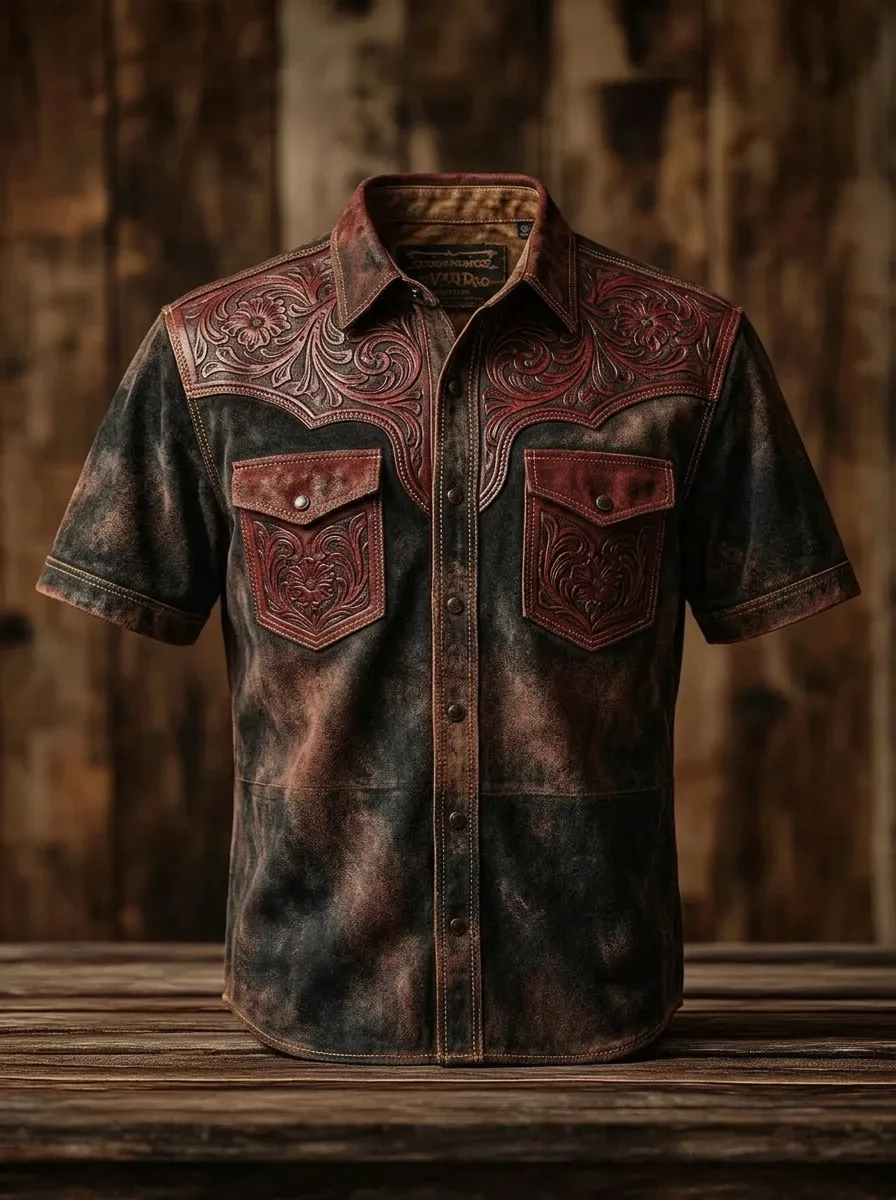 Men's Western Cowboy Floral Tooled Leather Printed Shirt-4