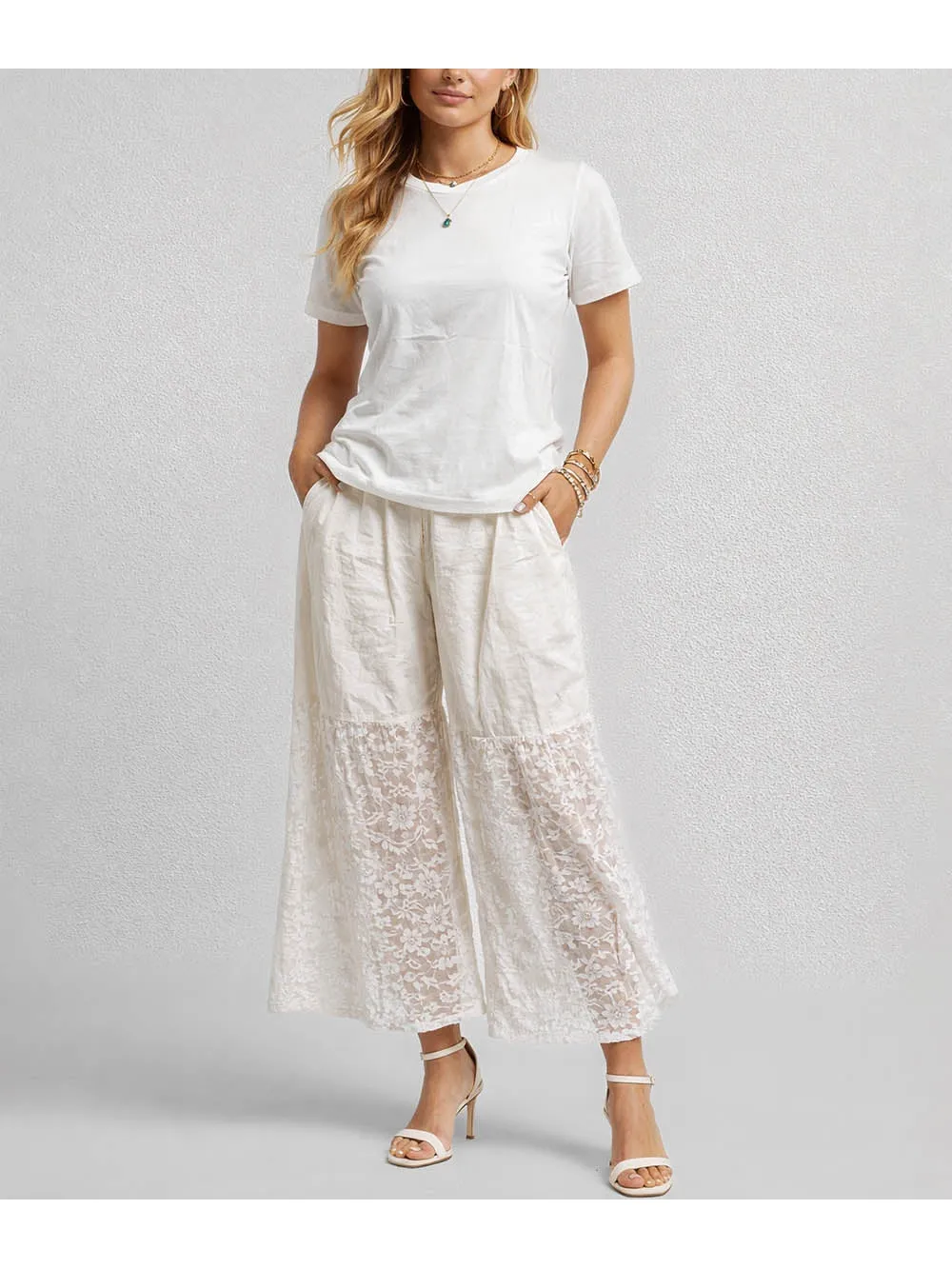 Elastic Waist Lace Panel Wide Leg Pants