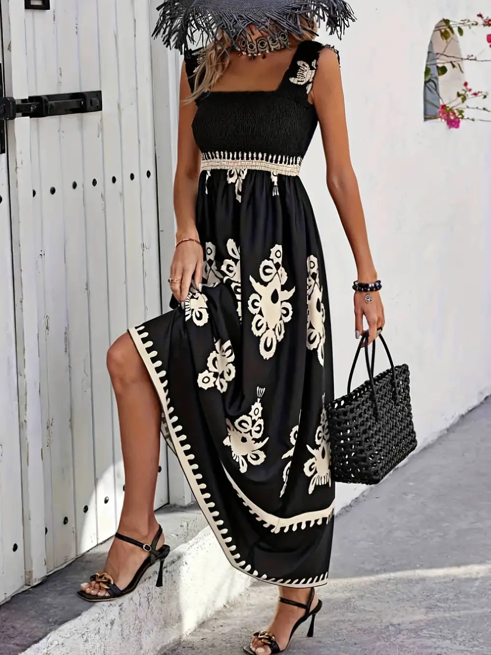 Tribal Print Dress: Spring Style (Square Neck, Shirred, Sleeveless)