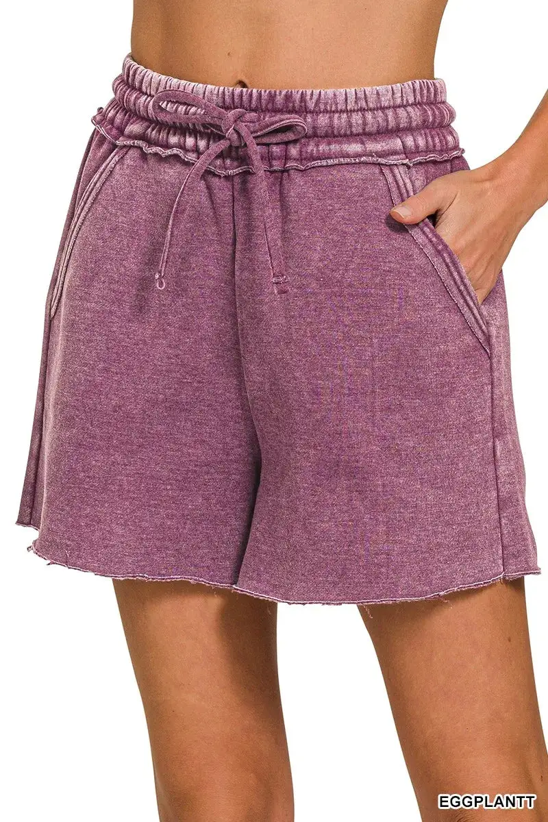 Casual Acid Wash Fleece Drawstring Shorts with Pockets