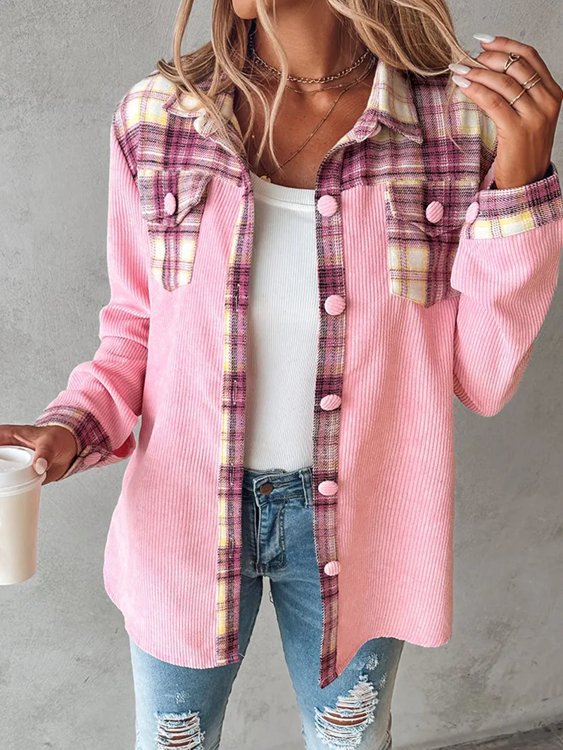 Casual pink plaid review corduroy jacket